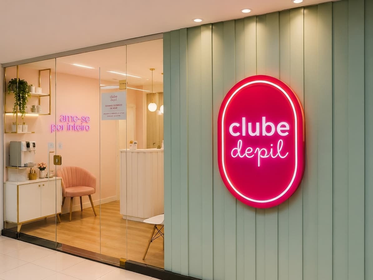 Entrada da unidade Clube Depil Formosa Umarizal, com a logo em neon, no Telégrafo Sem Fio, Belém